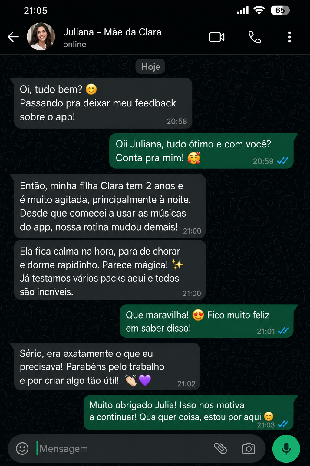 Print de conversa no WhatsApp da Juliana, mãe da Clara, sobre a rotina que mudou com o app