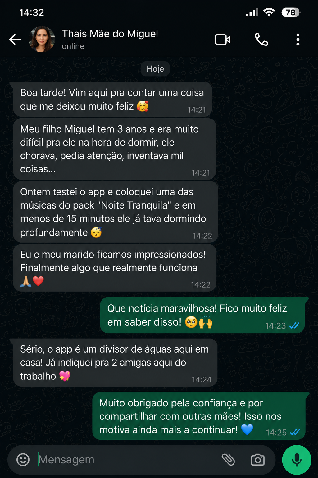 Print de conversa no WhatsApp da Thais, mãe do Miguel, sobre o pack Noite Tranquila